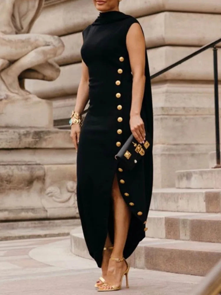 Elegant Buttoned Cape Dress